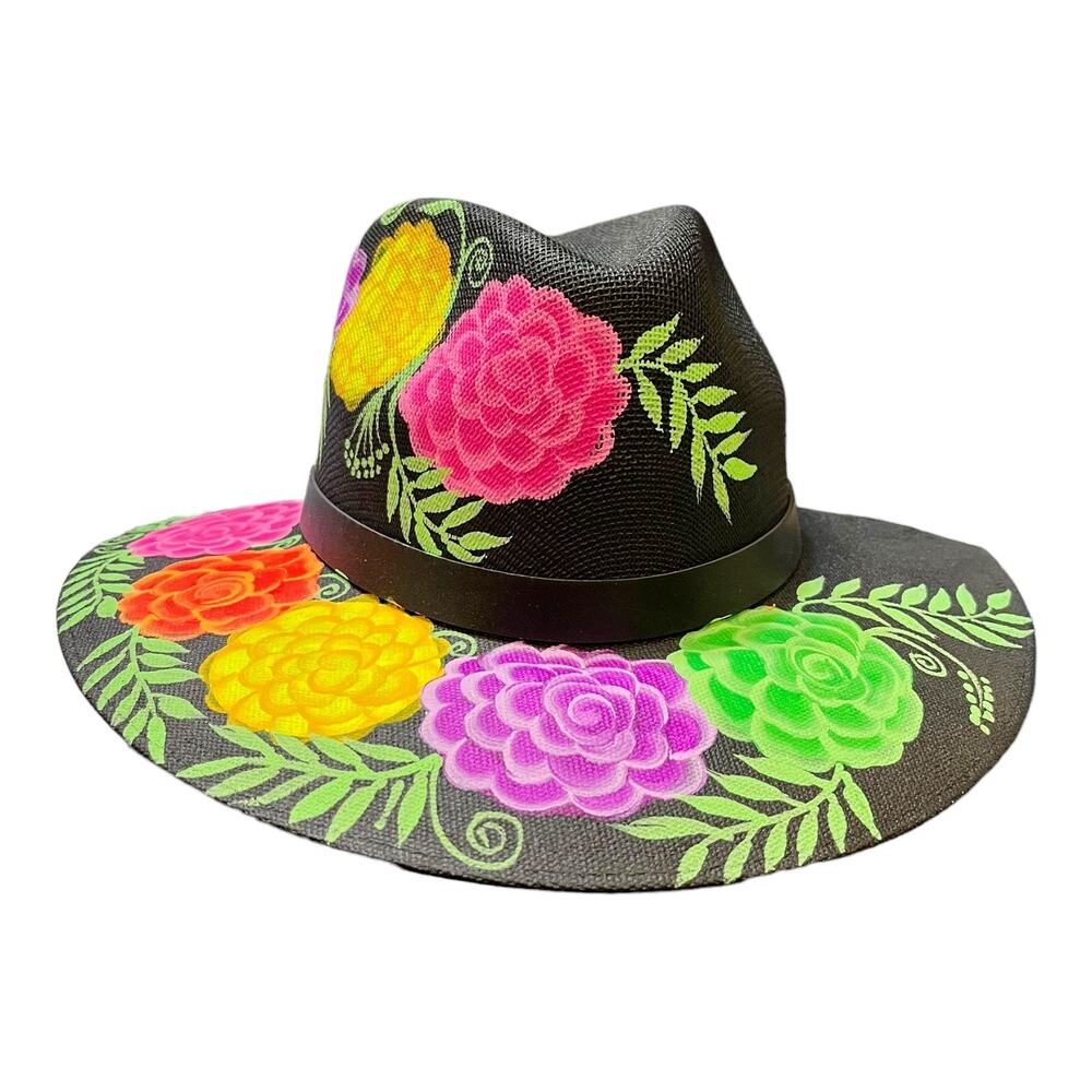 HAT MEXICAN Artisanal Hand Painted Fedora Floral Sombrero Panama Bohemian Black - Picture 4 of 9